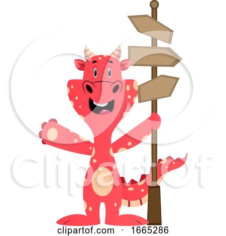 Red Dragon Is Holding Road Direction Sign by Morphart Creations