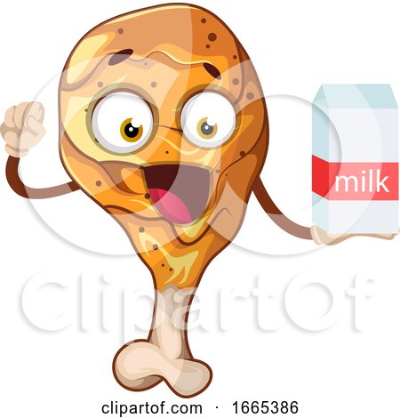 Cheerful Fried Chicken Drumstick Holding a Pack of Milk  by Morphart Creations