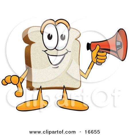 Clipart Picture of a Slice of White Bread Food Mascot Cartoon Character Holding a Red Bullhorn Megaphone by Mascot Junction