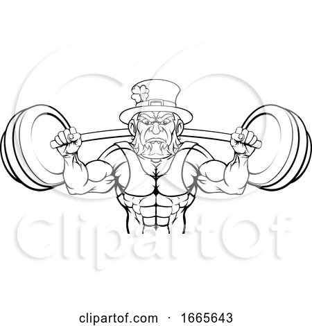 Leprechaun Mascot Weightlifter Lifting Big Barbell by AtStockIllustration