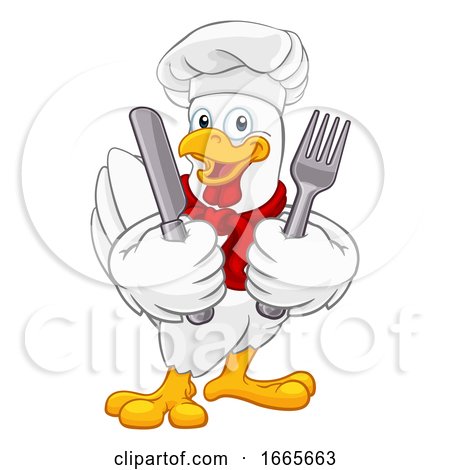 Chicken Chef Rooster Cockerel Knife Fork Cartoon by AtStockIllustration