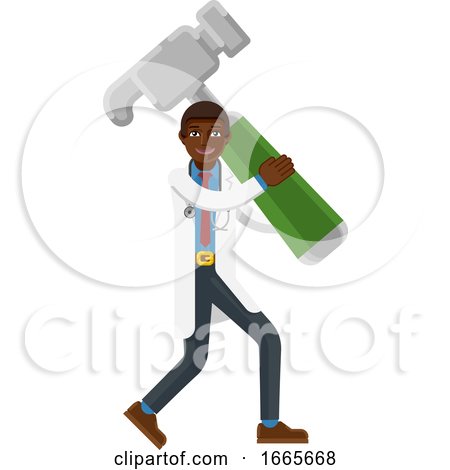 Black Doctor Man Holding Hammer Mascot Concept by AtStockIllustration