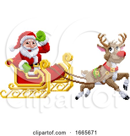 Santa Claus Reindeer Sleigh Christmas Pixel Art by AtStockIllustration