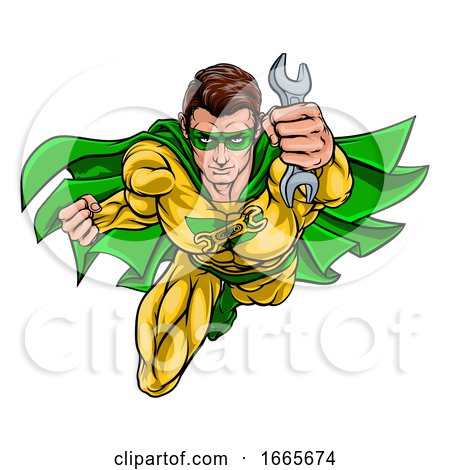 Mechanic Plumber Superhero Holding Wrench Spanner by AtStockIllustration