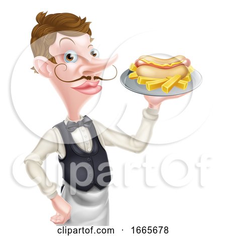 Cartoon Waiter Butler Holding Hotdog and Fries by AtStockIllustration