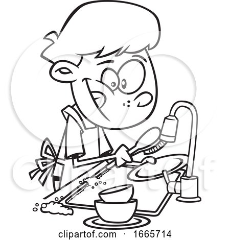 Cartoon Black and White Boy Washing Dishes by toonaday