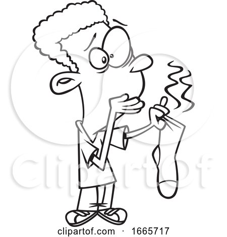Cartoon Black and White Boy Holding a Stinky Sock by toonaday