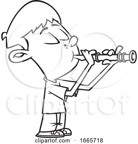 Cartoon Black and White Boy Playing a Recorder by toonaday