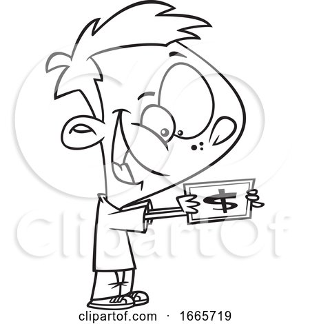 Cartoon Black and White Excited Boy Holding Cash by toonaday