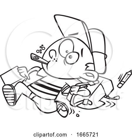 Cartoon Black and White School Boy Running Late by toonaday