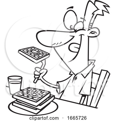 Cartoon Black and White Happy Man Eating Waffles for Breakfast by toonaday