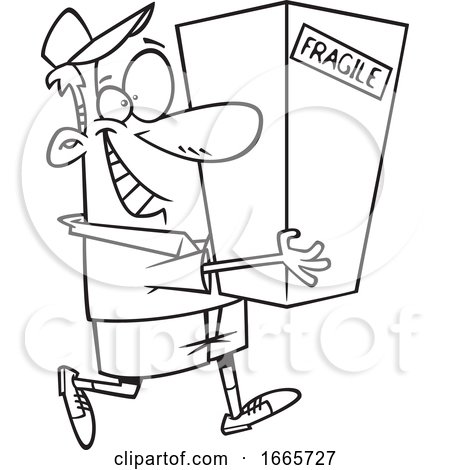 Cartoon Black and White Delivery Man Carrying a Package by toonaday
