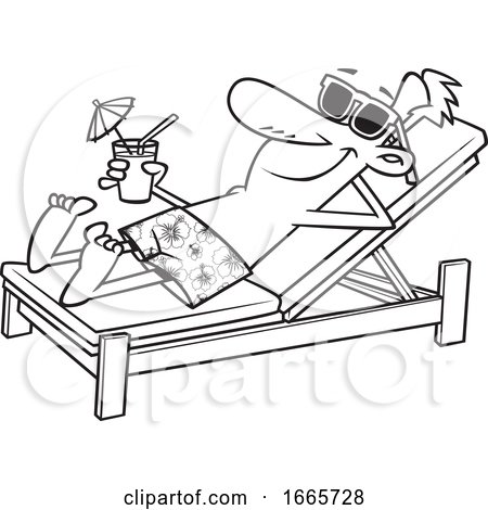 Cartoon Black and White Man Sun Bathing Poolside with a Cocktail by toonaday
