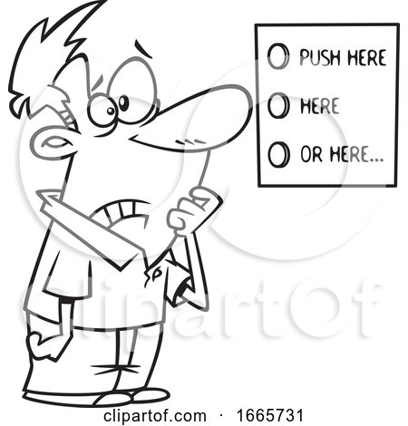 Cartoon Black and White Man Looking at a List of Buttons by toonaday