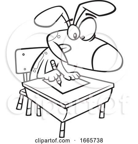 Cartoon Black and White Dog Sitting at a Desk in Obedience School by toonaday