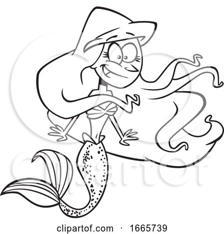 Cartoon Black and White Excited Mermaid by toonaday