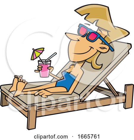 Cartoon Woman Sun Bathing Poolside with a Cocktail by toonaday