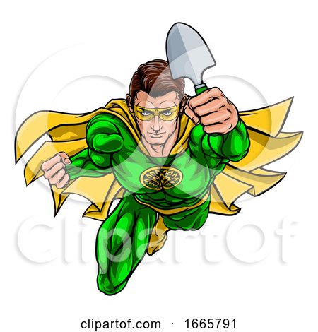 Super Gardener Superhero Holding Garden Spade by AtStockIllustration