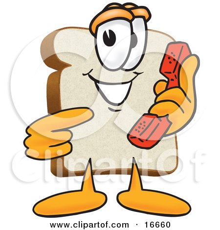 Clipart Picture of a Slice of White Bread Food Mascot Cartoon Character Pointing to a Red Telephone Receiver by Mascot Junction