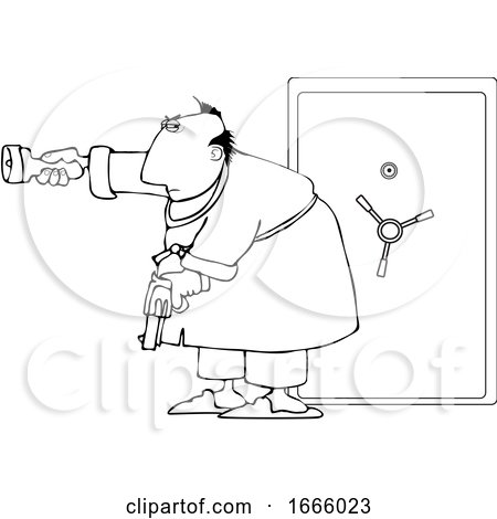 Cartoon Black and White Man Holding a Gun and Flashlight in Front of His Safe by djart