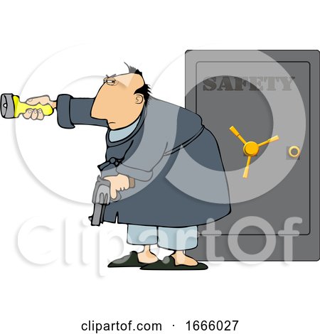 Cartoon Man Holding a Gun and Flashlight in Front of His Safe by djart