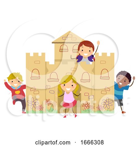 Stickman Kids Cardboard Castle Play Illustration by BNP Design Studio