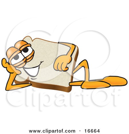 Clipart Picture of a Slice of White Bread Food Mascot Cartoon Character Reclined and Resting His Head on His Hand by Mascot Junction