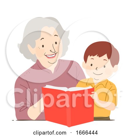 Senior Woman Kid Boy Tutor Read Book Illustration by BNP Design Studio