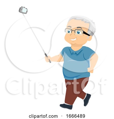 Senior Man Selfie Stick Vlogging Illustration by BNP Design Studio