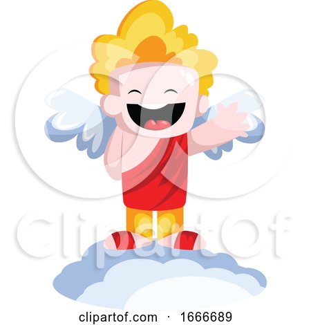 Cute Smiling Cupid Dressed in Red Standing on a Cloud and Waving by Morphart Creations