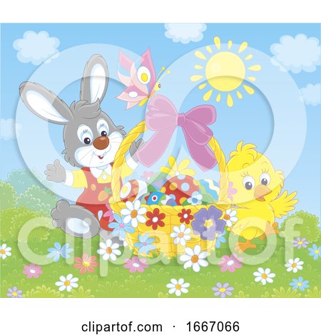 Easter Basket with a Chick and Bunny by Alex Bannykh
