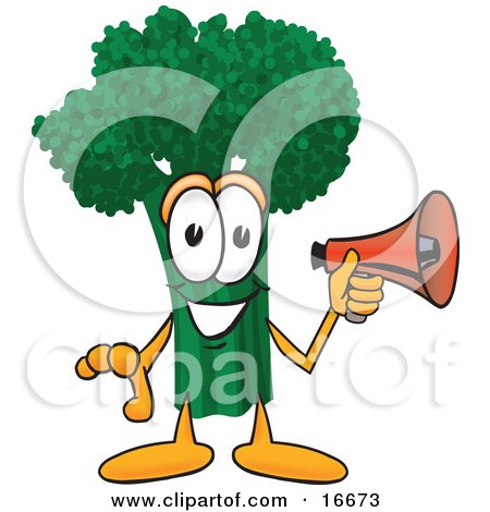 Clipart Picture of a Green Broccoli Food Mascot Cartoon Character Holding a Bullhorn Megaphone by Mascot Junction