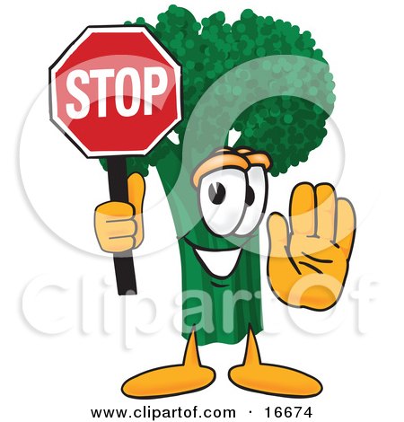 Clipart Picture of a Green Broccoli Food Mascot Cartoon Character Holding up a Stop Sign by Mascot Junction