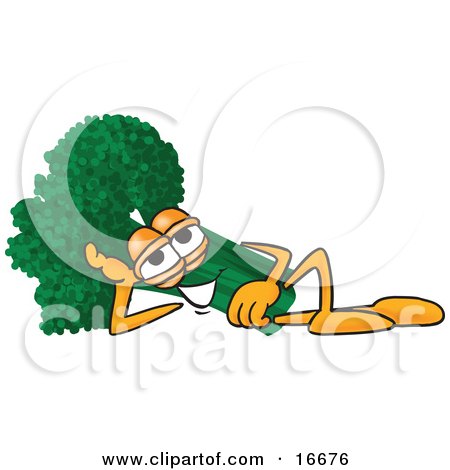 Clipart Picture of a Green Broccoli Food Mascot Cartoon Character Resting His Head on His Hand While Lying Down on His Side by Mascot Junction