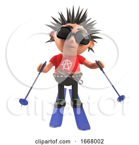 3d Punk Rock Cartoon Character Skiing on Skis, 3d Illustration by Steve Young