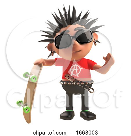 3d Punk Rock Cartoon Character Holding a Skateboard, 3d Illustration by Steve Young