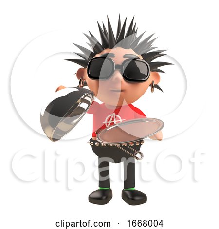 3d Punk Rock Cartoon Character Holding a Silver Service Tray and Lid, 3d Illustration by Steve Young