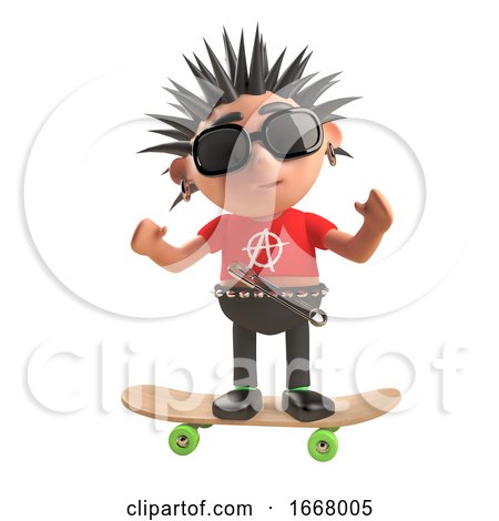 3d Punk Rock Cartoon Character Standing on a Skateboard, 3d Illustration by Steve Young