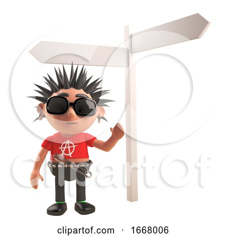 3d Punk Rock Cartoon Character Standing Next to a Blank Crossroads Sign, 3d Illustration by Steve Young