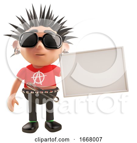 3d Punk Rock Cartoon Character with Spikey Hair Holding a Blank Placard, 3d Illustration by Steve Young