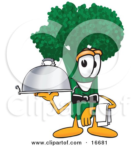 Clipart Picture of a Green Broccoli Food Mascot Cartoon Character Serving a Dinner Platter While Waiting Tables in a Restaurant by Mascot Junction