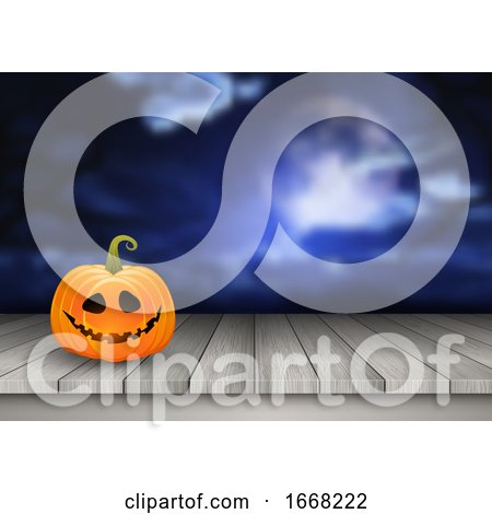 Halloween Background with Pumpkin on a Wooden Table Against a Spooky Landscape by KJ Pargeter