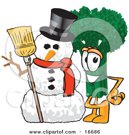 Clipart Picture of a Green Broccoli Food Mascot Cartoon Character Standing by a Snowman by Mascot Junction