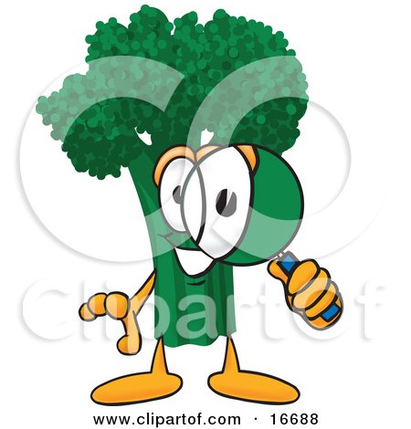 Clipart Picture of a Green Broccoli Food Mascot Cartoon Character Looking Through a Magnifying Glass by Mascot Junction