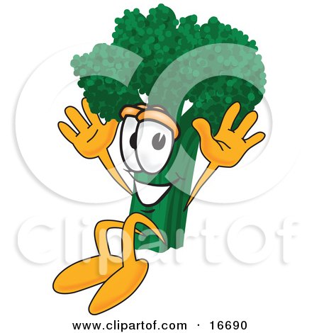 Clipart Picture of a Green Broccoli Food Mascot Cartoon Character Jumping  by Mascot Junction