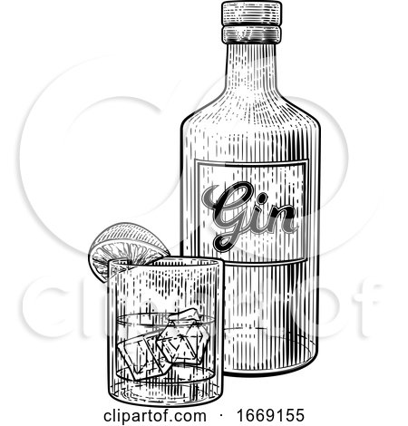 Gin Cocktail Bottle Glass and Ice Vintage Woodcut by AtStockIllustration