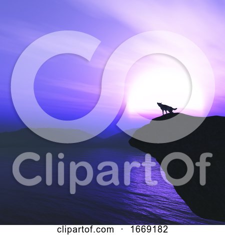 3D Wolf on a Cliff Howling Against Against a Sunset Sky by KJ Pargeter