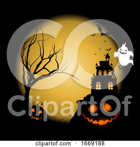 Halloween Background with Pumpkins Against Castle Landscape by KJ Pargeter