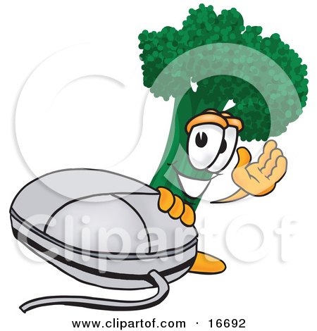 Clipart Picture of a Green Broccoli Food Mascot Cartoon Character Waving and Standing by a Computer Mouse by Mascot Junction