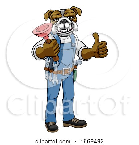 Bulldog Plumber Cartoon Mascot Holding Plunger by AtStockIllustration